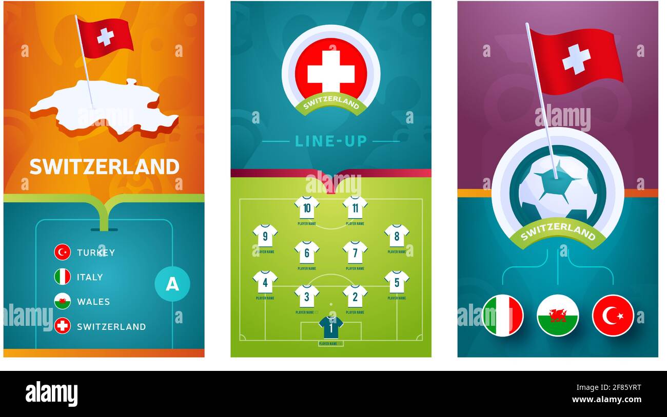 Set di banner verticali per il calcio europeo 2020 per i social media. La Svizzera raggruppa UN banner con mappa isometrica, bandierina, calendario delle partite e line-up su di esso Illustrazione Vettoriale