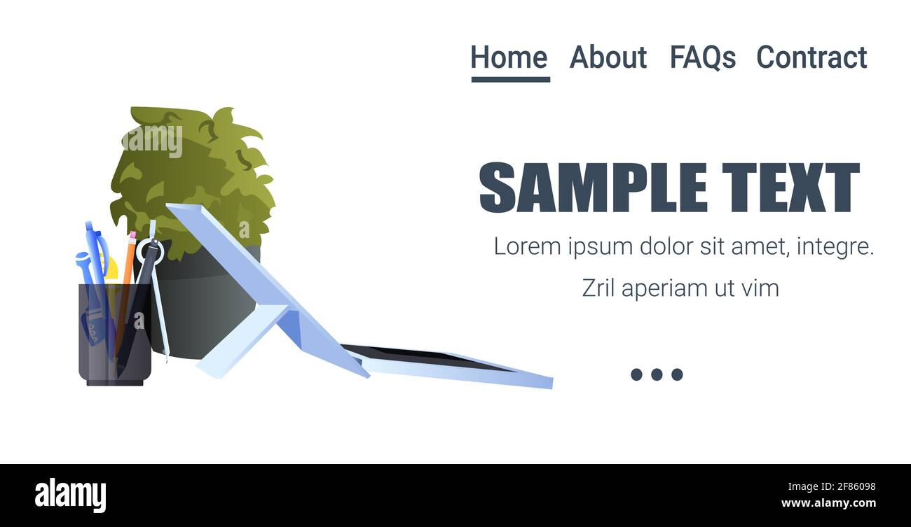 forniture per ufficio per computer portatili e impianto in vaso isolato su sfondo bianco spazio di copia orizzontale Illustrazione Vettoriale