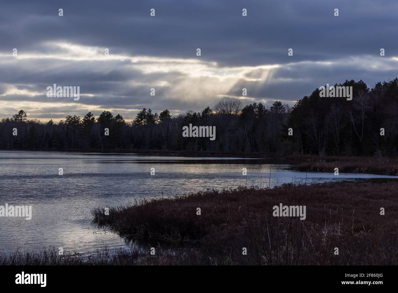 Raggi del sole sul lago Little Clam nel Wisconsin settentrionale. Foto Stock