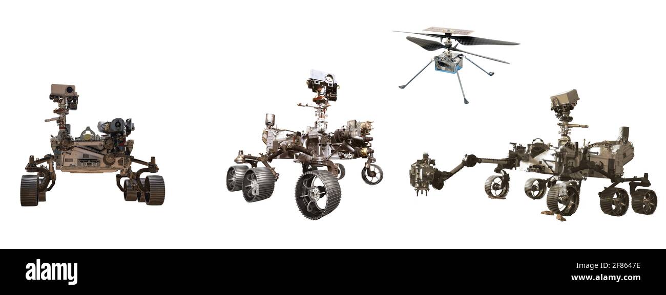 marte rover ed elicottero ingegnoso isolato su elementi di sfondo bianco Di questa immagine fornita dalla NASA illustrazione 3D Foto Stock
