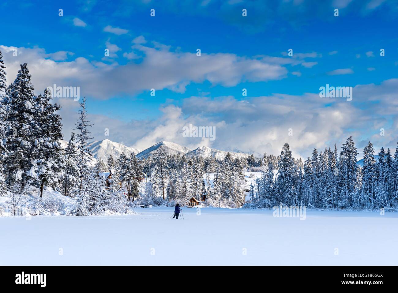 Sci di fondo su un lago Lillian appena congelato vicino Invermere, BC, Canada Foto Stock