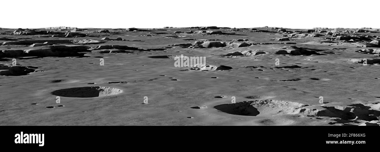 Superficie lunare, paesaggio lunare con cratere di impatto isolato su fondo banner bianco Foto Stock