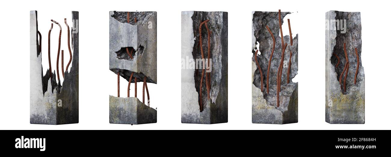 set di pilastri in cemento danneggiati isolati su sfondo bianco Foto Stock