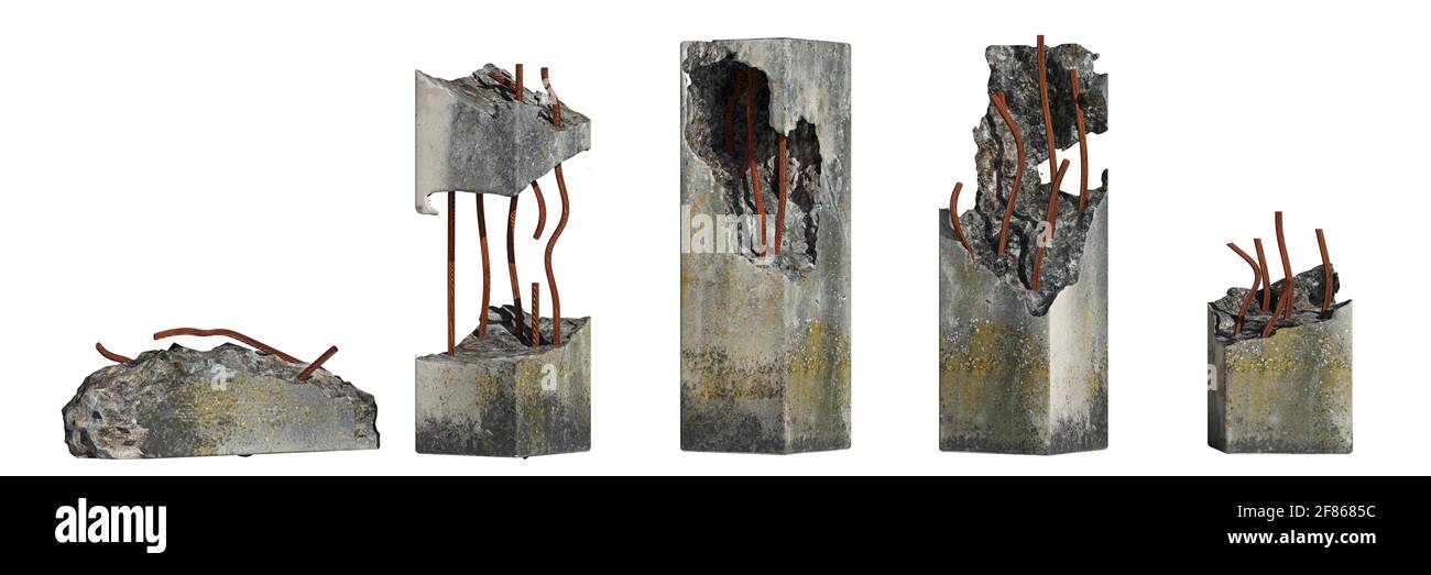 set di pilastri in cemento danneggiati isolati su sfondo bianco Foto Stock