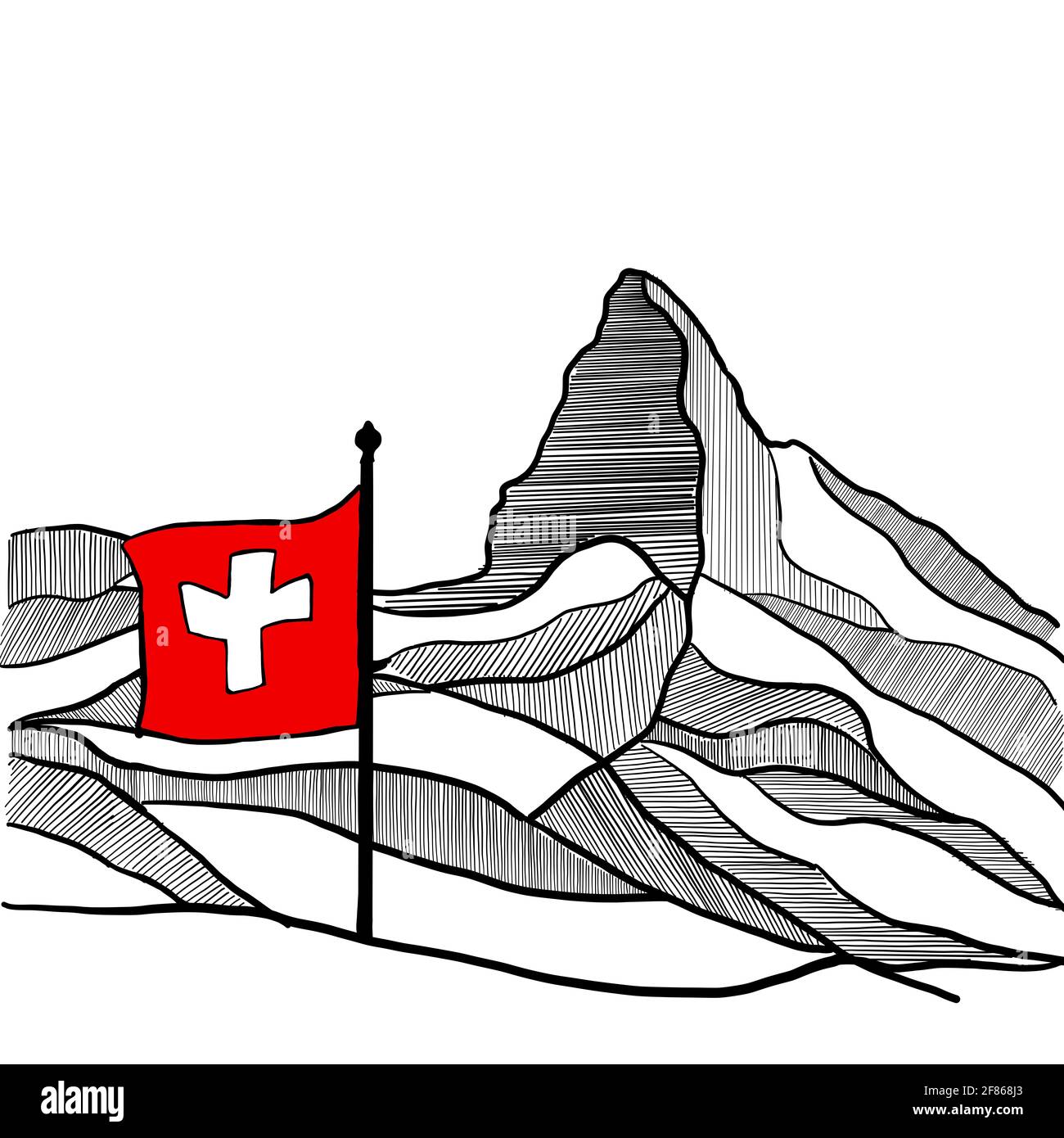 La silhouette bianca e nera della famosa montagna Cervino o Cervino, parte delle Alpi italiane e svizzere. Disegno fatto a mano della cima principale Foto Stock