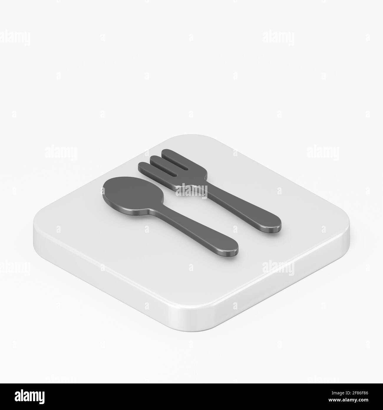 Cucchiaio piatto nero e icona forchetta. visualizzazione isometrica del tasto quadrato del rendering 3d, elemento interfaccia ui ux Foto Stock