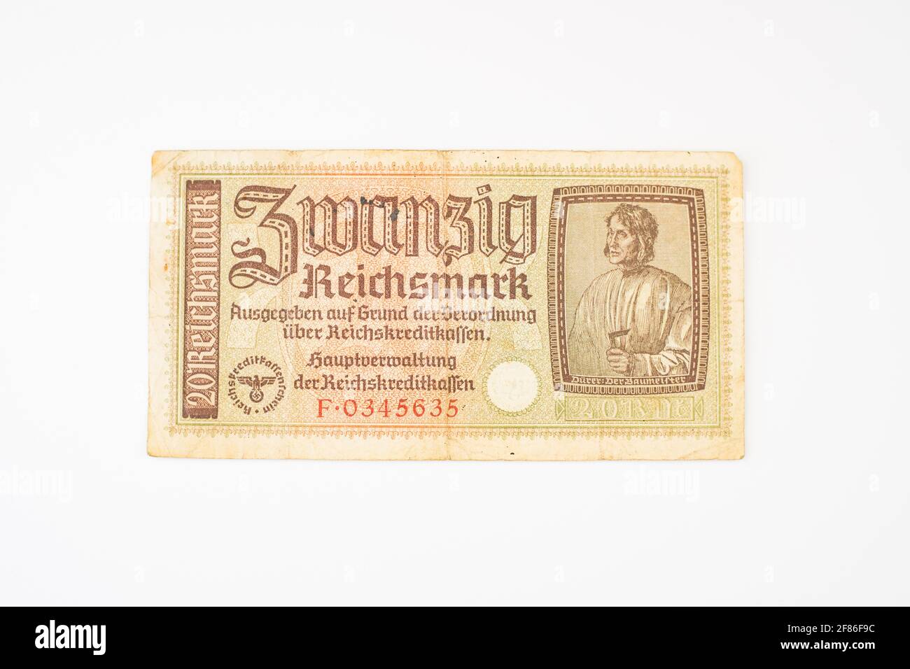 KATOWICE, POLONIA - 28 marzo 2021: 20 marchi tedeschi dal 1939 al 1945. Banconota tedesca dei tempi del terzo Reich su sfondo bianco. Foto Stock