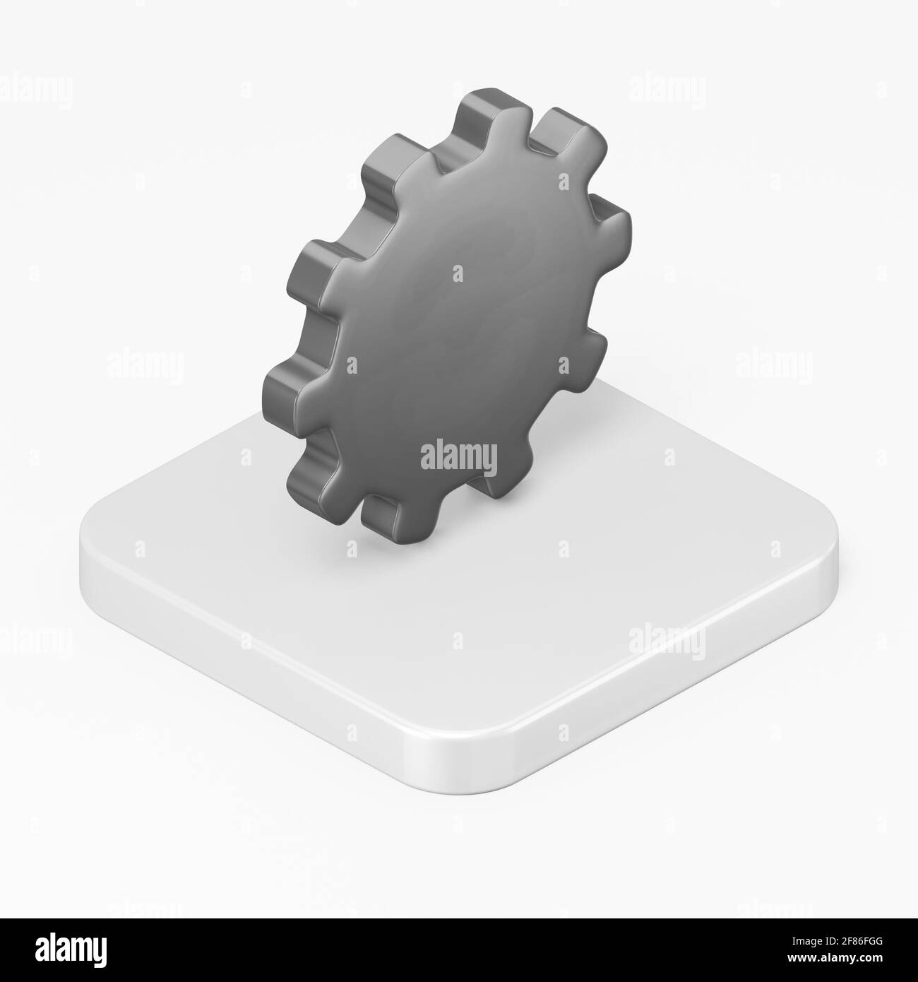 Icona ingranaggio nero. visualizzazione isometrica del tasto quadrato del rendering 3d, elemento interfaccia ui ux Foto Stock