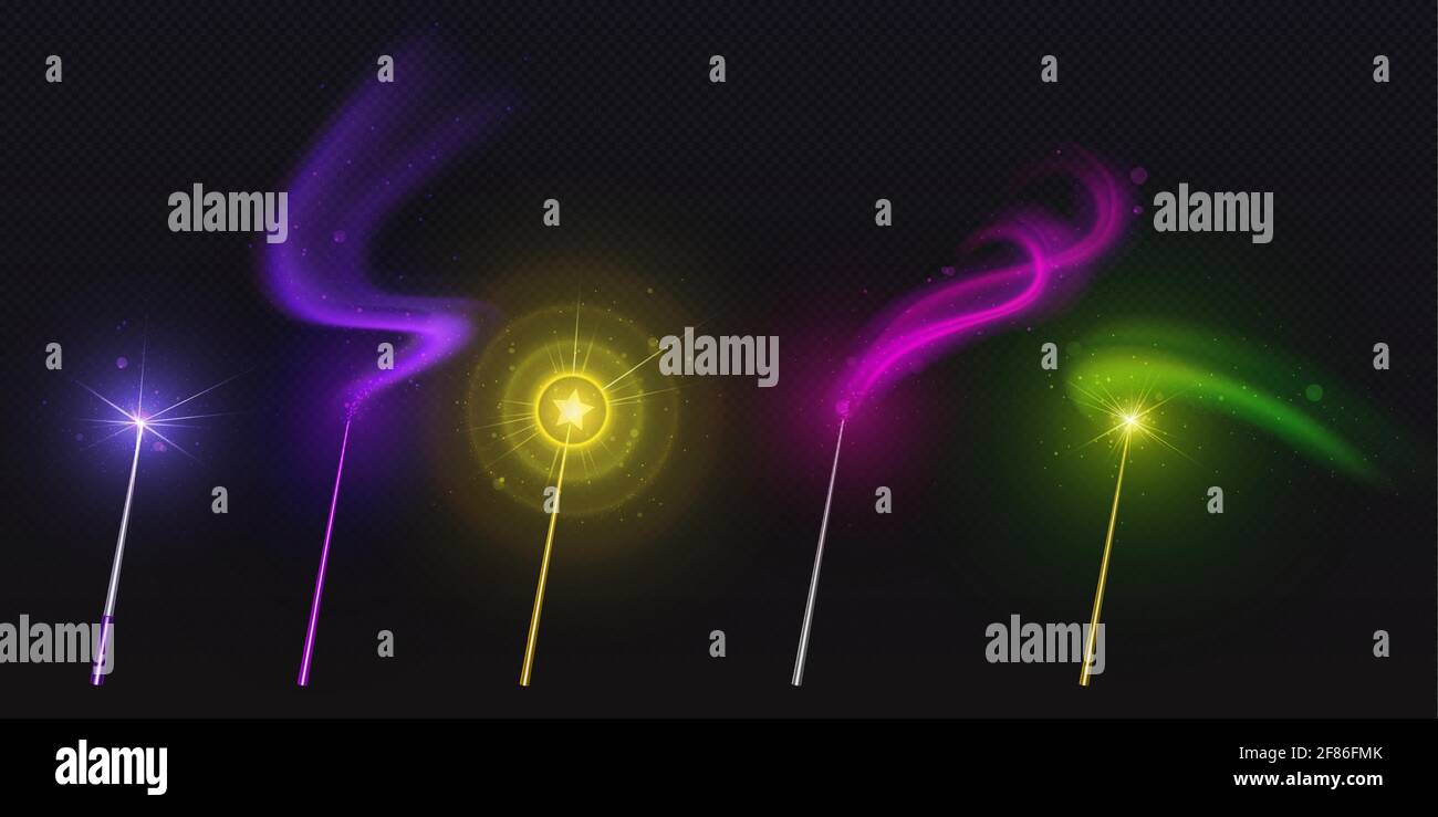 Wand magici con stelle colorate e sentieri scintillanti, bacchette dorate con polvere di fata lucente e traccia di effetto di luce al neon, oggetti isolati su sfondo nero, illustrazione vettoriale 3d realistica, set Illustrazione Vettoriale