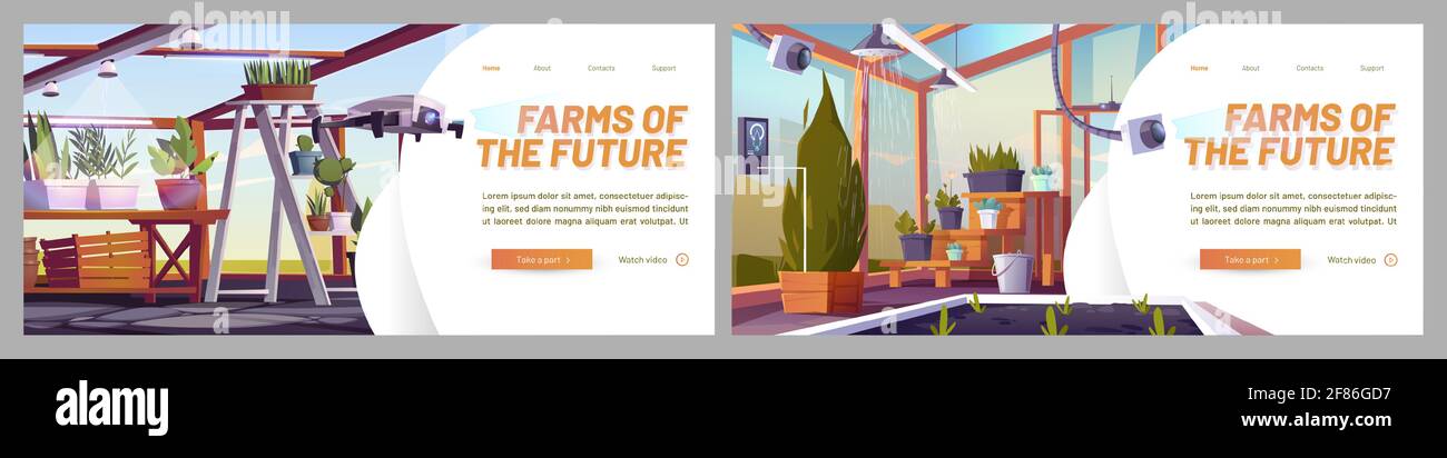 Aziende agricole di siti Web futuri. Concetto di agricoltura intelligente, tecnologie di coltivazione e innovazioni. Banner vettoriali con cartoni animati illustrazione di serra di vetro con piante, irrigazione e sistema di monitoraggio Illustrazione Vettoriale