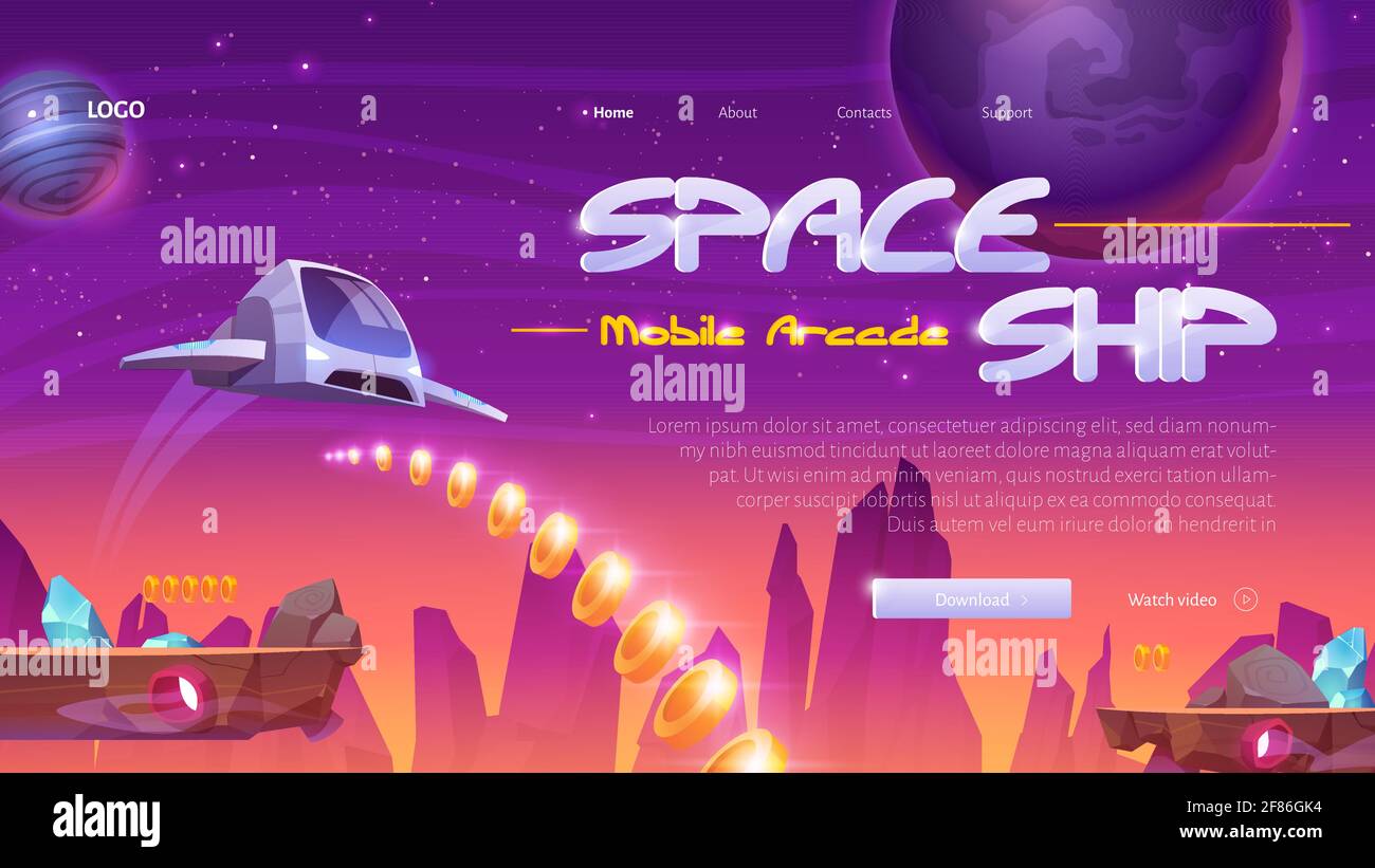 Sito web di gioco mobile astronave con razzo su sfondo universo. videogioco arcade 2d per giocare al telefono. Landing page vettoriale con cartoni animati nave spaziale, galassia, pianeti, piattaforme e monete d'oro Illustrazione Vettoriale