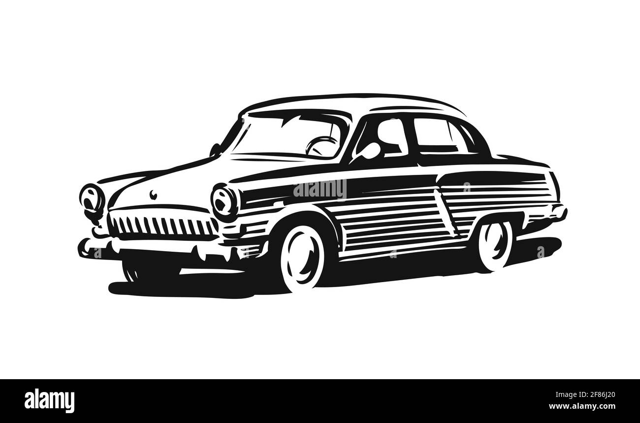 Logo o simbolo della vettura retrò. Concept automobilistico disegnato a mano in stile vintage Illustrazione Vettoriale