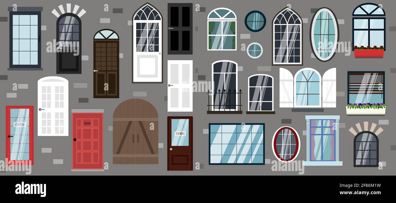 Set di porte e finestre vettoriali. Illustrazione piatta di diversi tipi, disegni  e stili di strutture di porte. La facciata dell'edificio e' moderna  Immagine e Vettoriale - Alamy