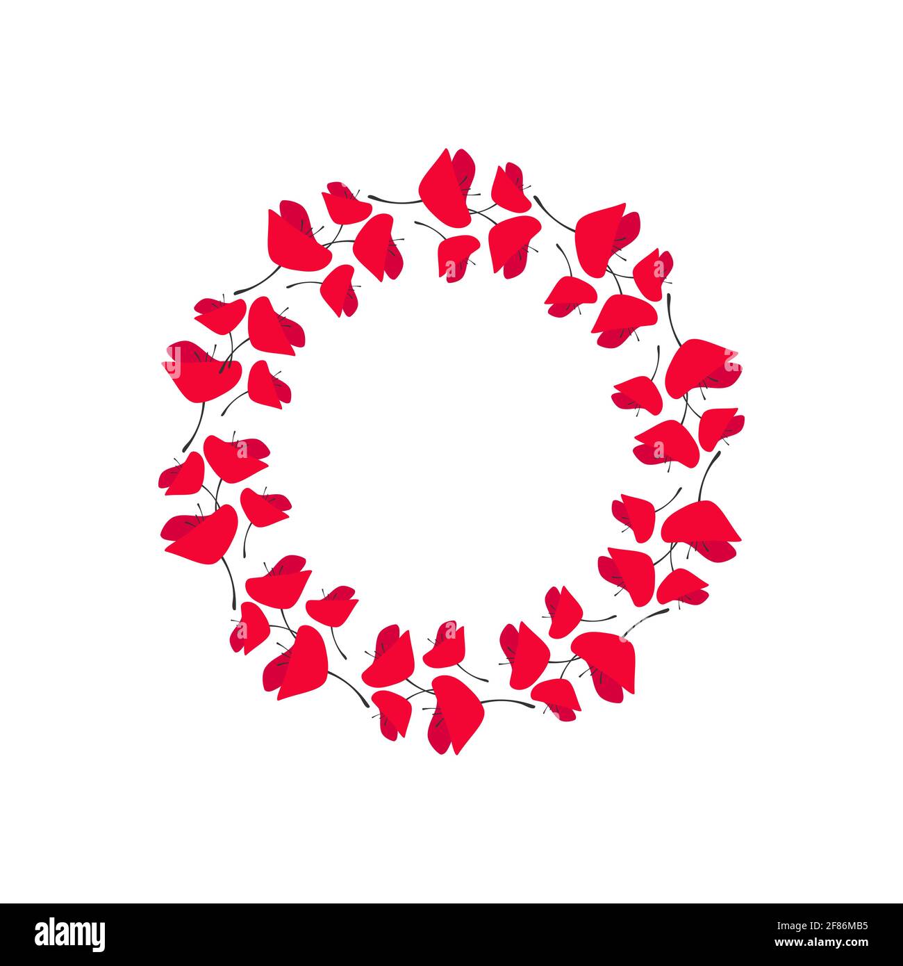 Rosso papavero fiorisce ghirlanda isolato su sfondo bianco. Biglietto d'auguri floreale con corona di fiori. Immagine piatta vettoriale. Buono per testo di festa e ca Illustrazione Vettoriale