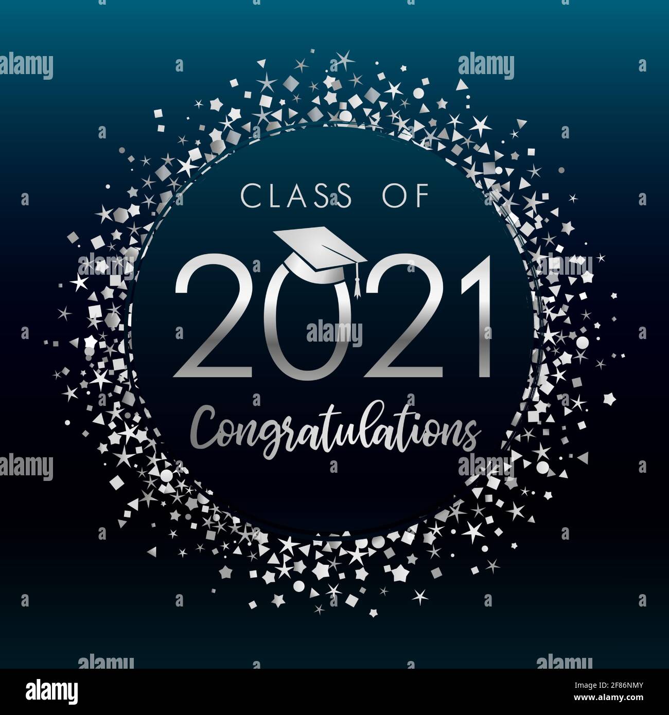 Classe di 2021 laureati, confetti con glitter argento su sfondo blu scuro. Illustrazione vettoriale cerimonia di congratulazioni 2021 in cappello accademico Illustrazione Vettoriale