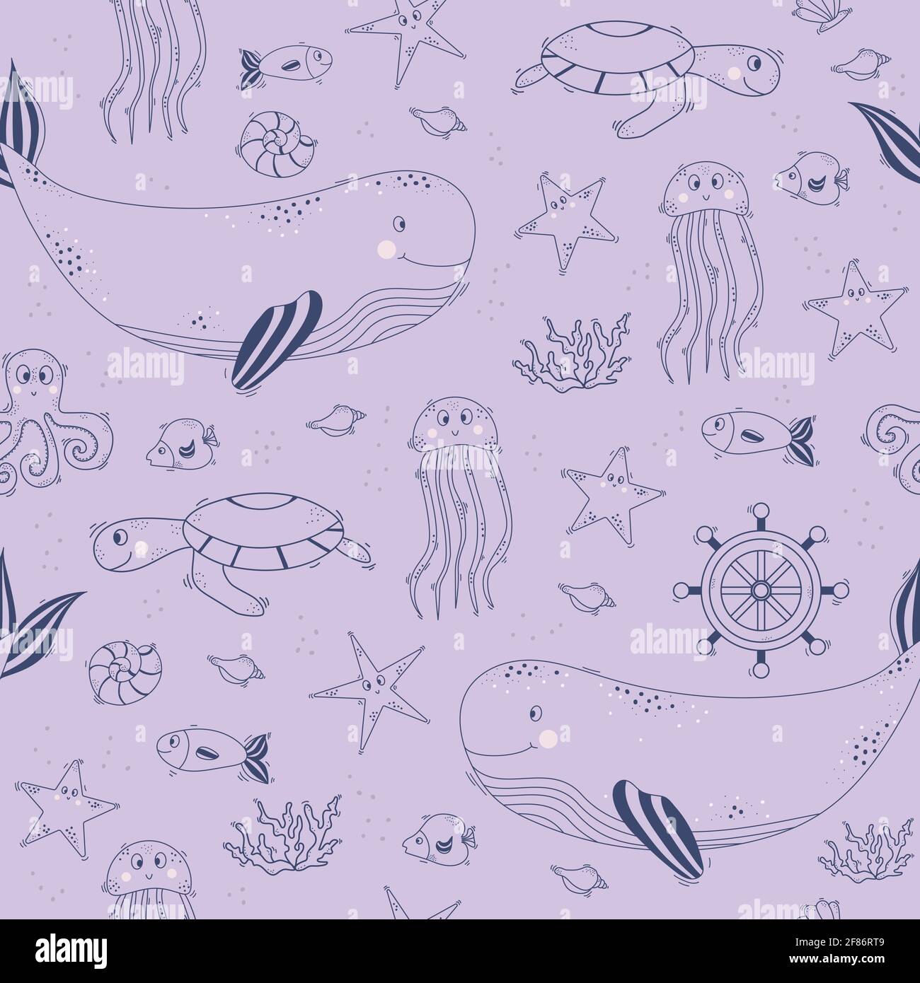 Modelli senza cuciture con la vita marina. Animali marini carini - balena e meduse, tartaruga e polpo, stelle marine e pesci, conchiglie e coralli su un lilla bac Illustrazione Vettoriale