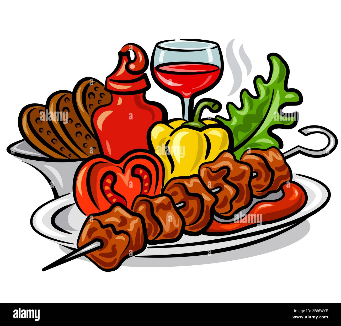 illustrazione del kebab caldo alla griglia con ketchup di pomodoro, verdure e lattuga Illustrazione Vettoriale