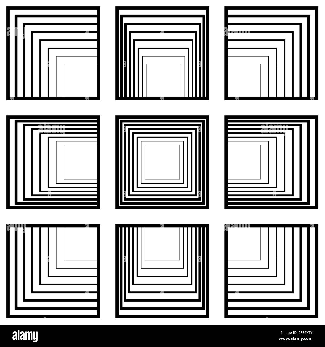 Insieme di quadrati di finestra con prospettiva tendente al centro, concetto di prospettiva vettoriale transizione del tunnel al centro Illustrazione Vettoriale