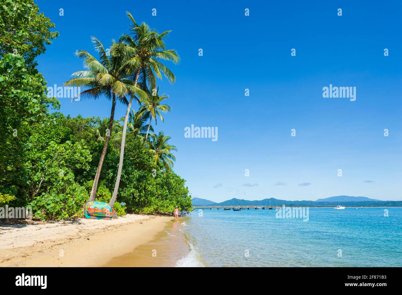 Turistico situato su una idilliaca spiaggia di sabbia circondata da palme su Dunk Island, Queensland, QLD, Australia Foto Stock