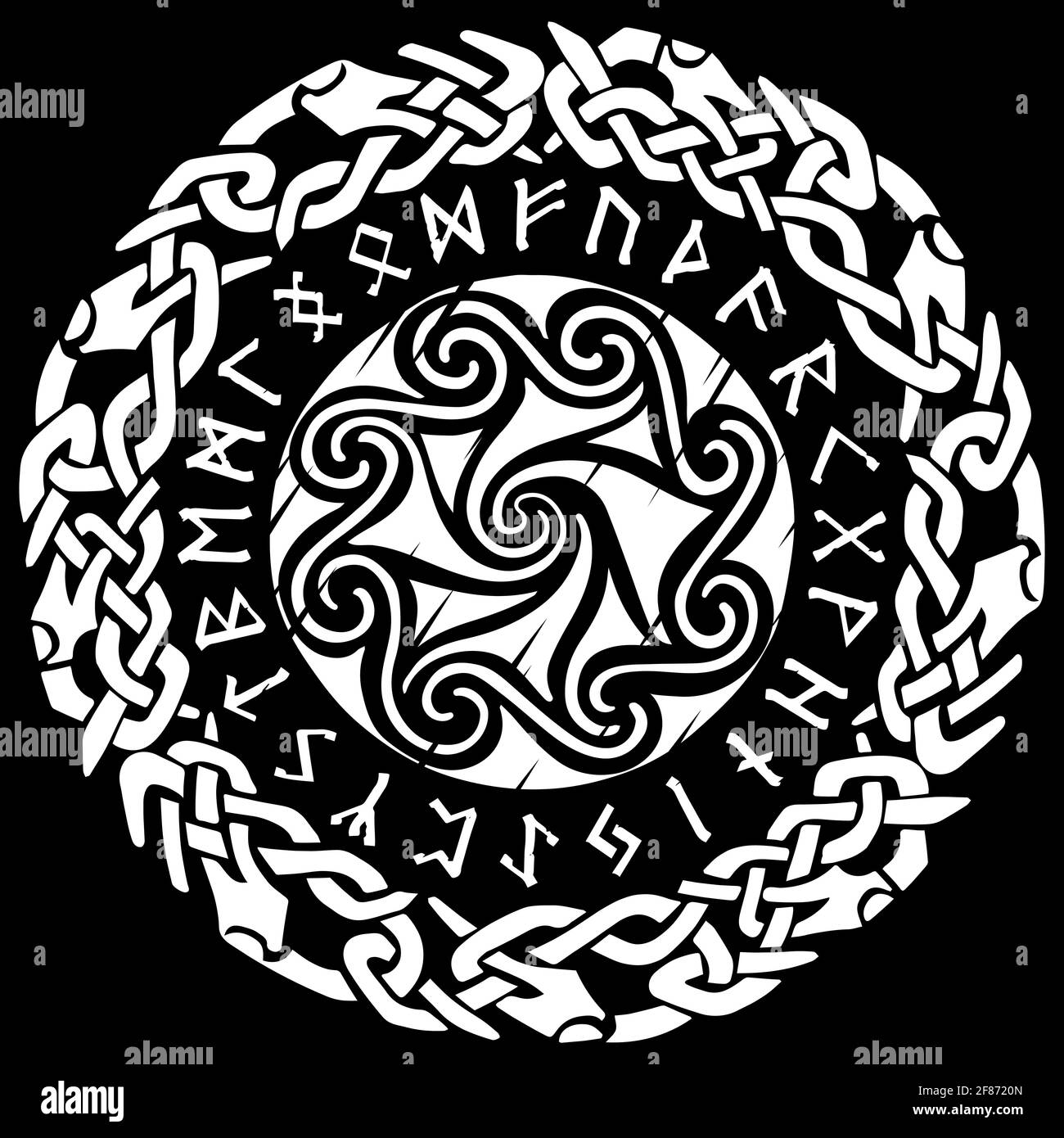 Antico Celtico, modello scandinavo, nodo scandinavo - illustrazione dell'opera e rune - alfabeto antico del Norse Illustrazione Vettoriale