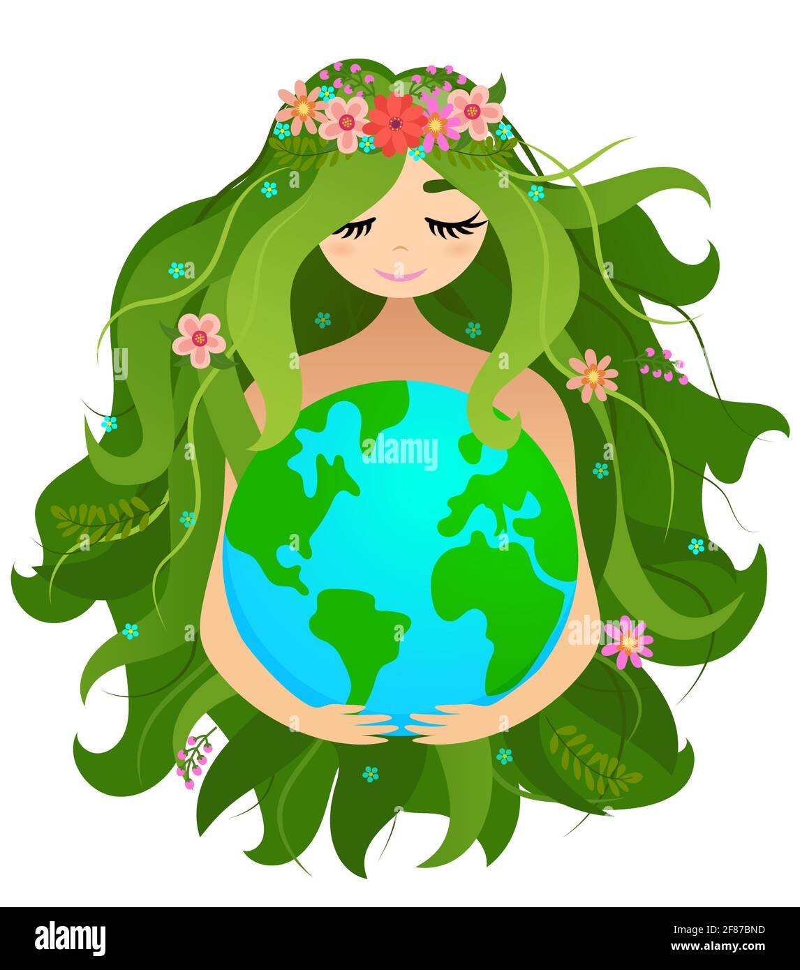 Happy Mother Earth Day - vettore pianeta Terra e bella Madre disegno con corona di fiori. Poster con lettere o design grafico t-shirt. Bella io Illustrazione Vettoriale