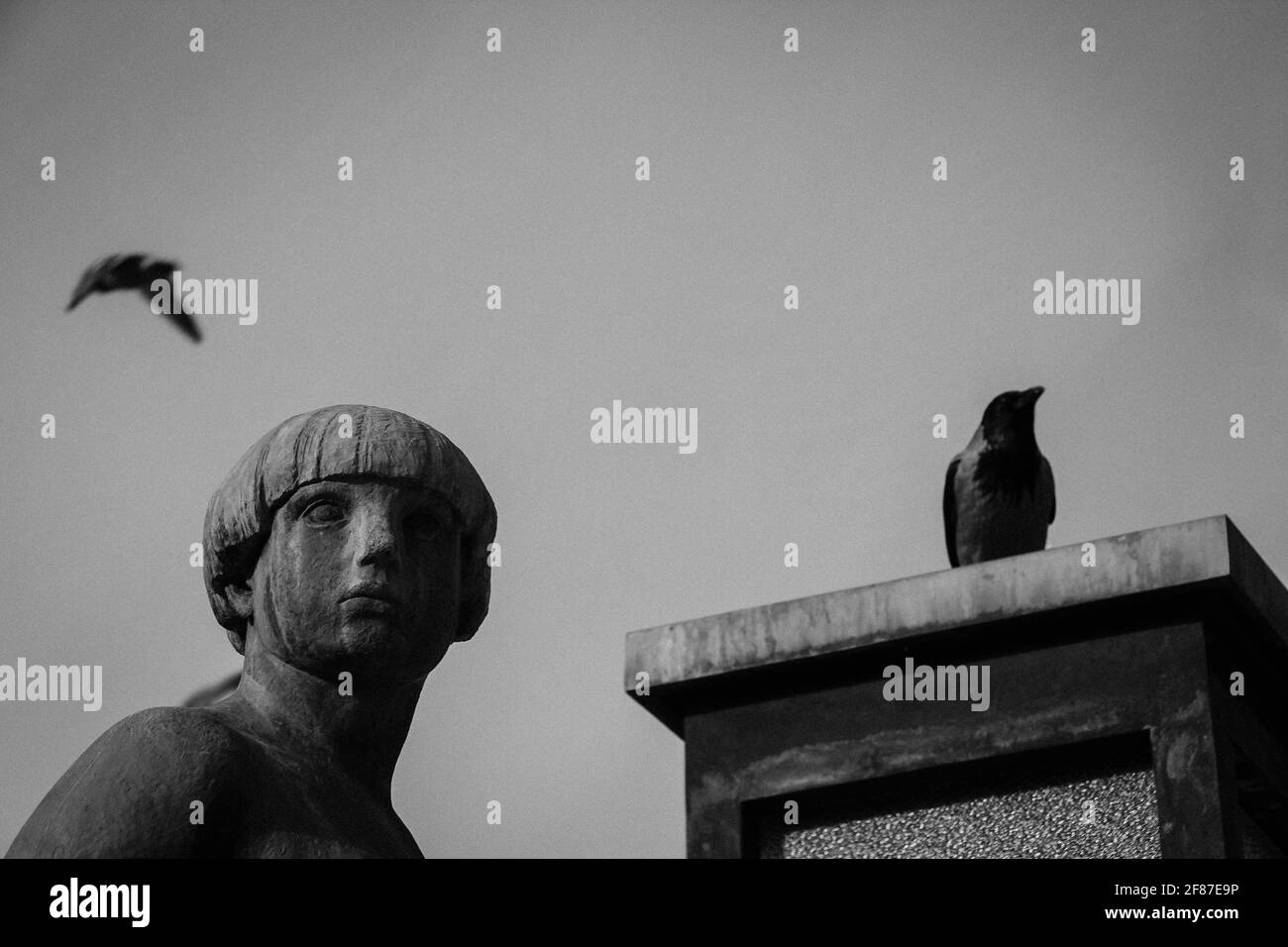 Statua donna con due uccelli in bianco e nero Foto Stock