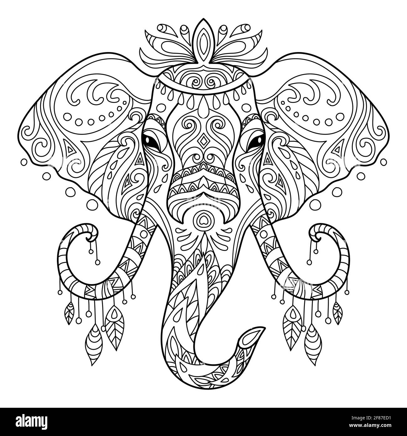 Testa di elefante . Illustrazione astratta del contorno vettoriale isolata su sfondo bianco. Per l'adulto anti-stress colorazione pagina libro con doodle e zentang Illustrazione Vettoriale