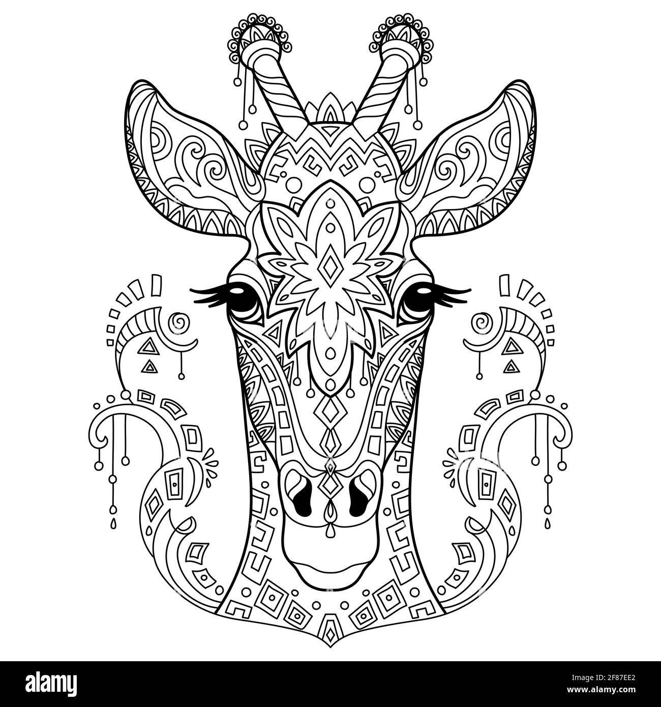 Testa di giraffa. Illustrazione astratta del contorno vettoriale isolata su sfondo bianco. Per l'adulto anti-stress colorazione pagina libro con doodle e zentangle Illustrazione Vettoriale