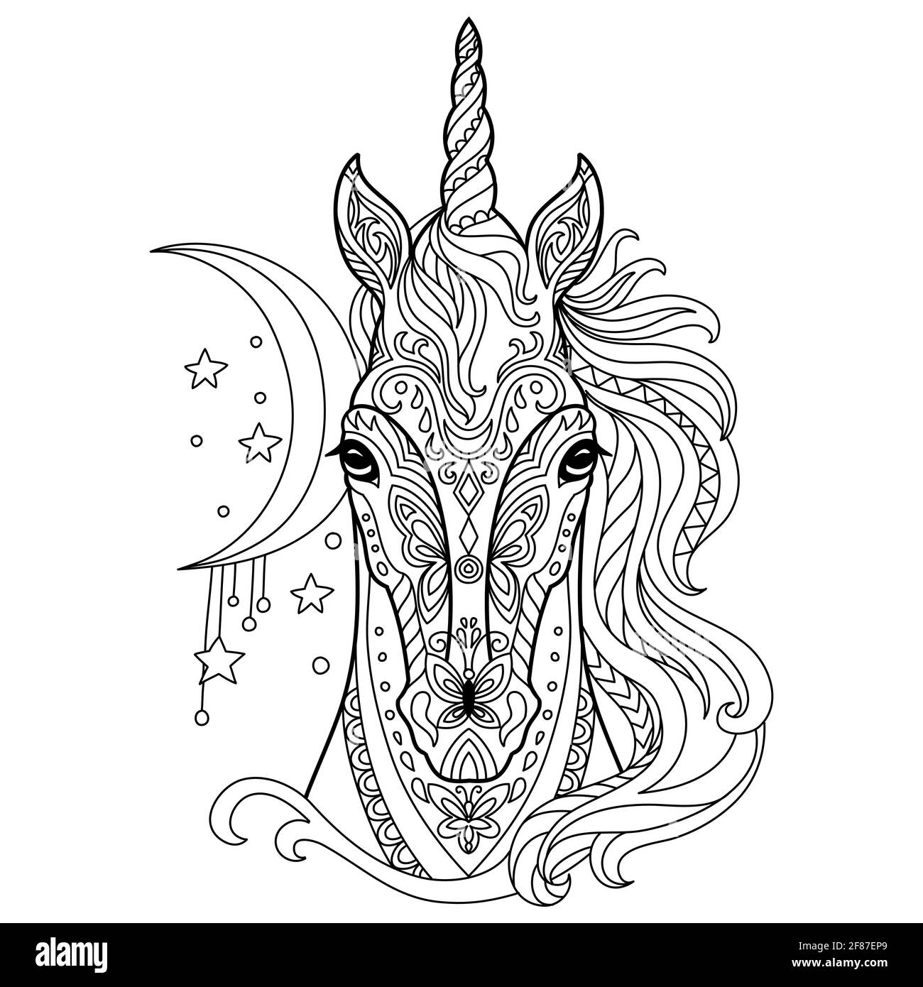 Testa di unicorno. Illustrazione astratta del contorno vettoriale isolata su sfondo bianco. Per l'adulto anti-stress colorazione pagina libro con doodle e zentangle Illustrazione Vettoriale