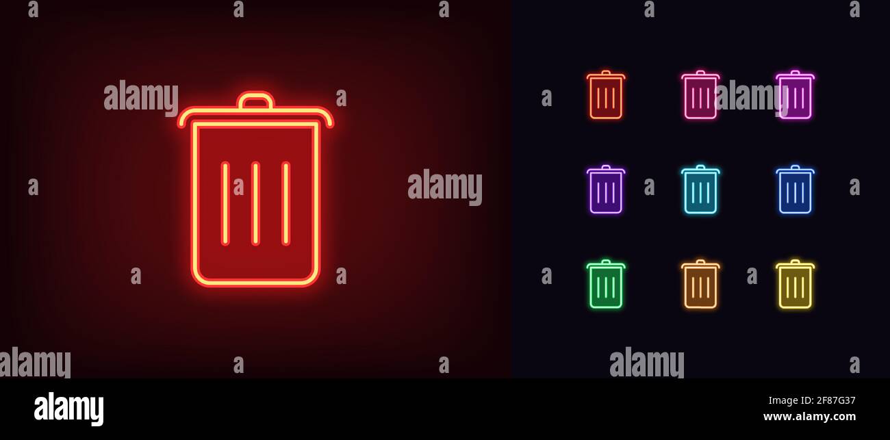 Icona del cestino al neon. Simbolo del cestino al neon brillante, pittogramma dei rifiuti dai colori vivaci. Cestino, spazzatura del Internet, informazioni della roba di rifiuto, scarico di fotoricettore. Illustrazione Vettoriale