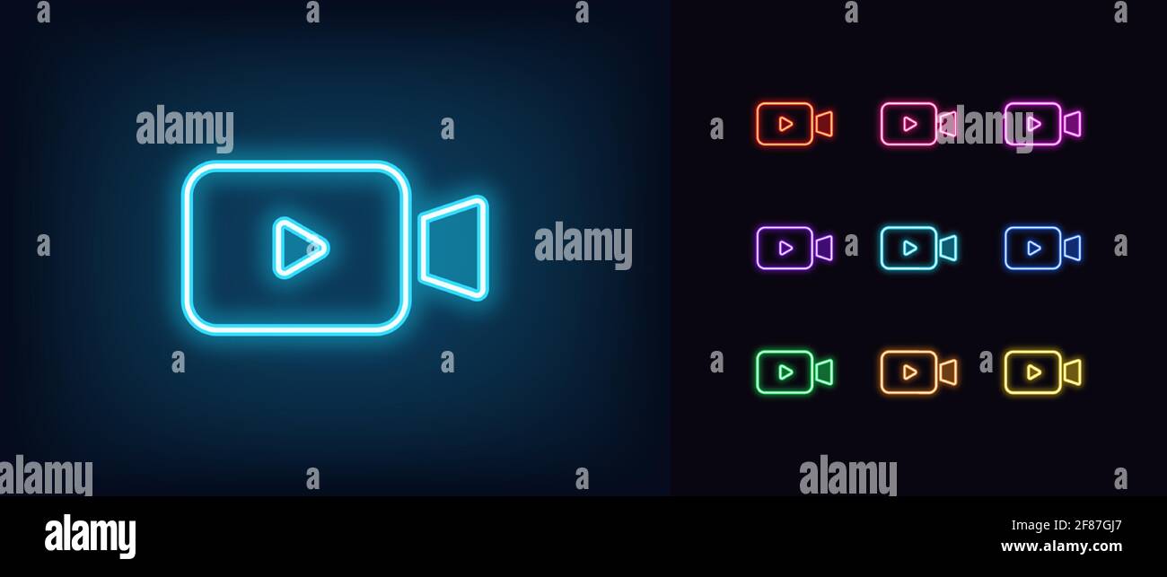 Icona videocamera al neon. Proiettore al neon luminoso con segnale di riproduzione, pittogramma del contenuto video. Trasmissioni online, live streaming e storia, video chan Illustrazione Vettoriale