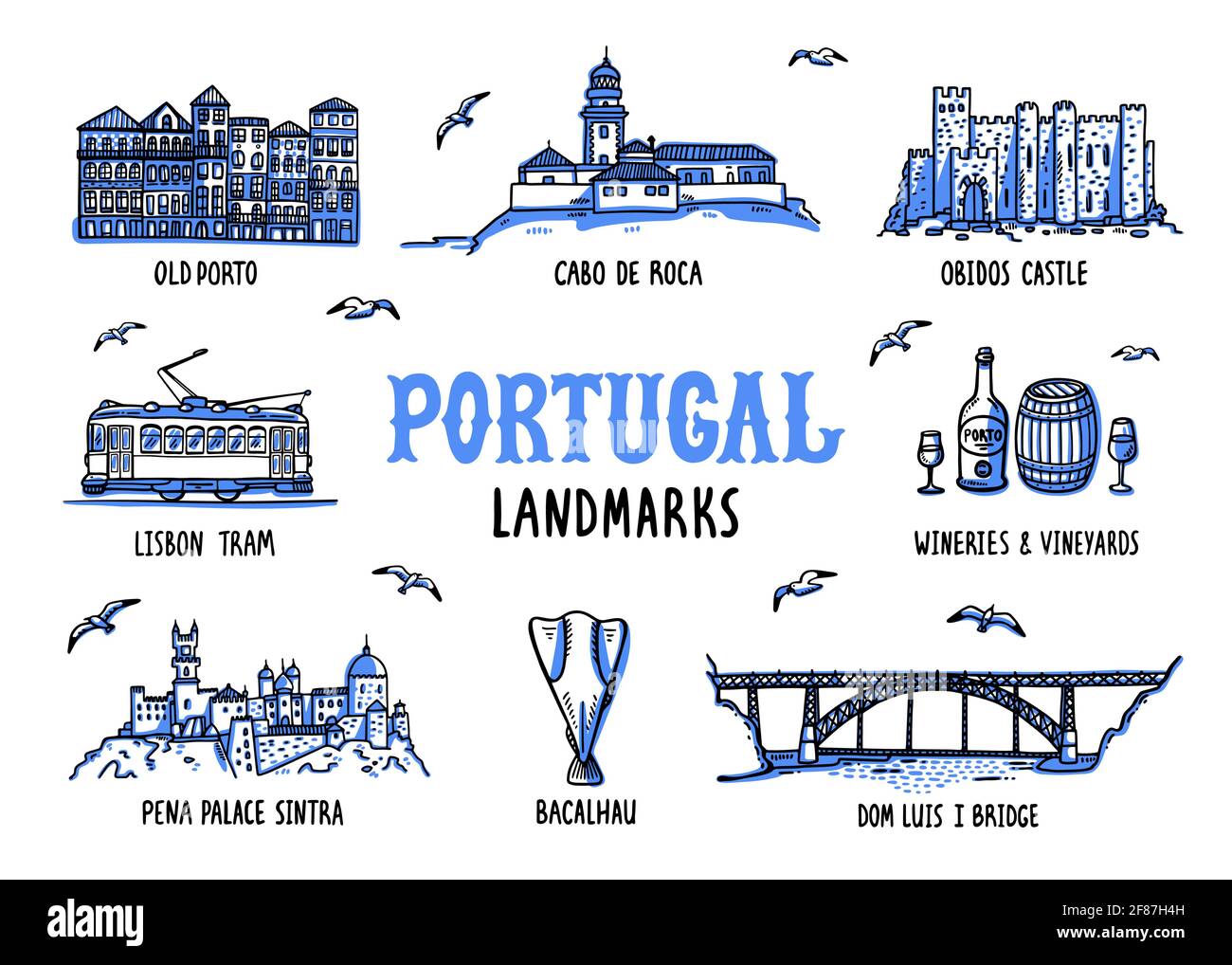 Portogallo luoghi di interesse set. Illustrazione vettoriale dello stile di schizzo disegnato a mano. Illustrazione Vettoriale