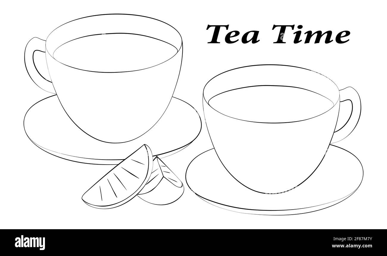 Un disegno lineare di una festa del tè. Fette di limone, vita morta di due tazze e piattini. Le tazze sono riempite di tè. Bianco e nero. Illustrazione Foto Stock