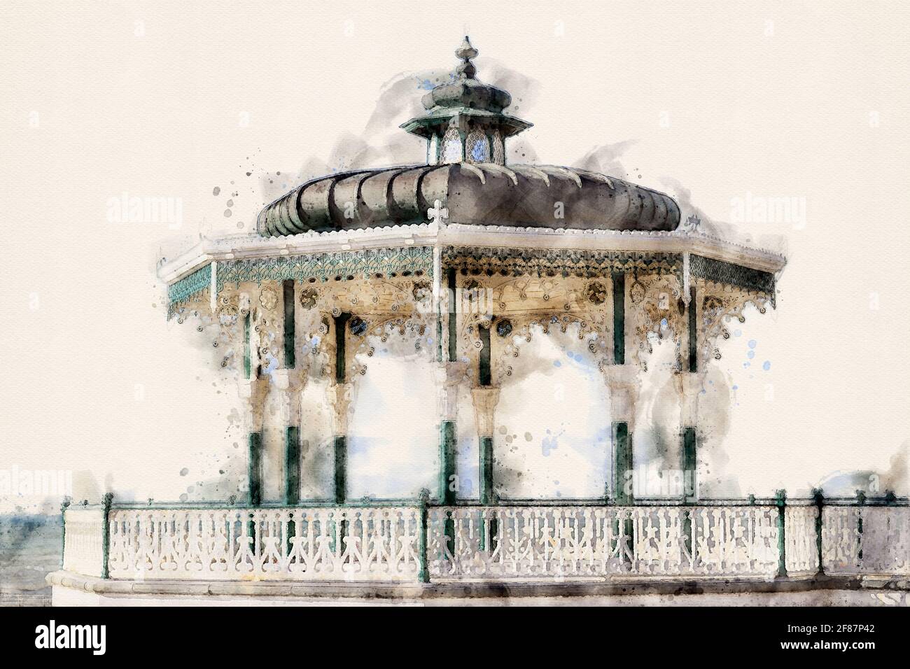 Padiglione Brighton Bandstand. Monumento vittoriano situato sul lungomare, Brighton and Hove, East Sussex, Inghilterra, Regno Unito. Illustrazione acquerello. Foto Stock