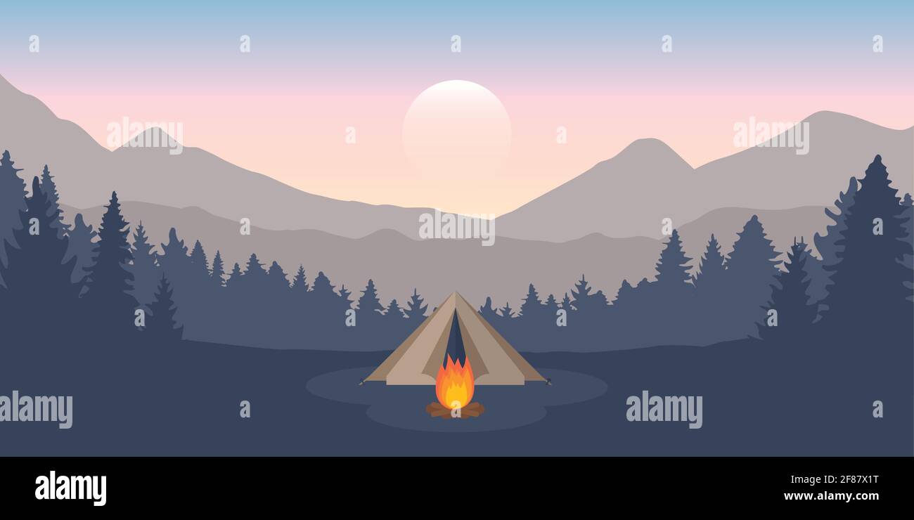 wanderlust campeggio tenda avventura in montagna verde e paesaggio forestale Illustrazione Vettoriale