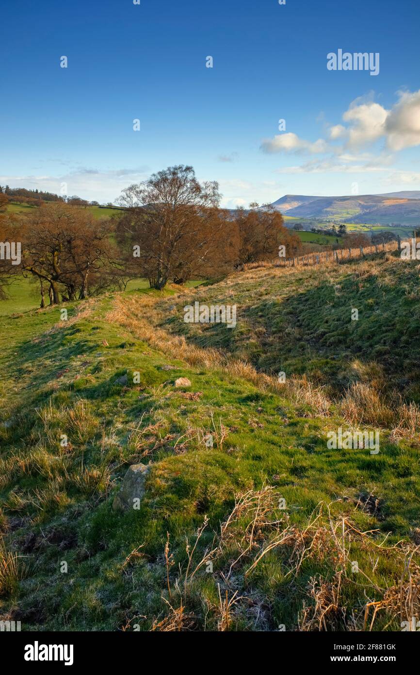 Campi agricoli e montagne del Brecon Beacons. Foto Stock