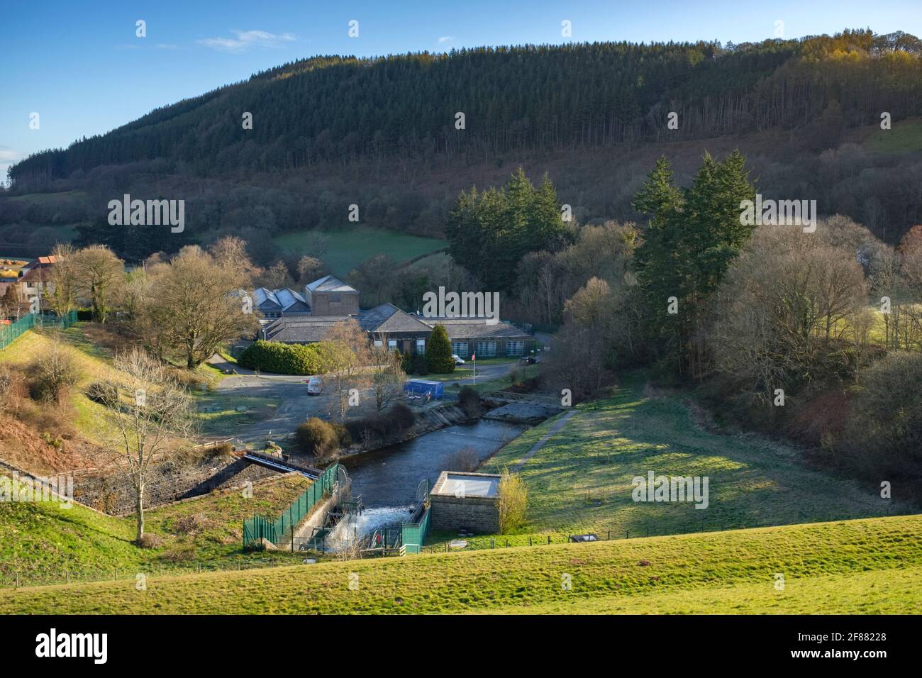 Impianti di trattamento delle acque di Talybont, bacino idrico di Talybont, Galles. Foto Stock