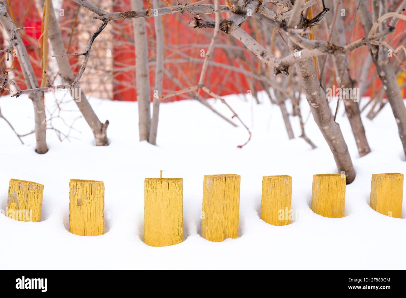 Recinzione bassa in legno giallo nella neve. Foto Stock