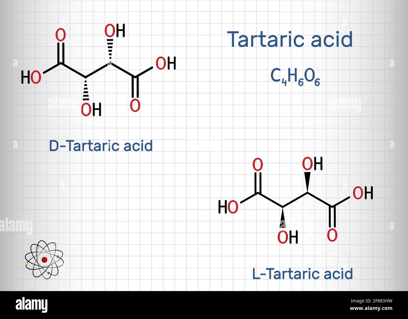 Molecola di acido tartarico, D-tartarico, L-tartarico