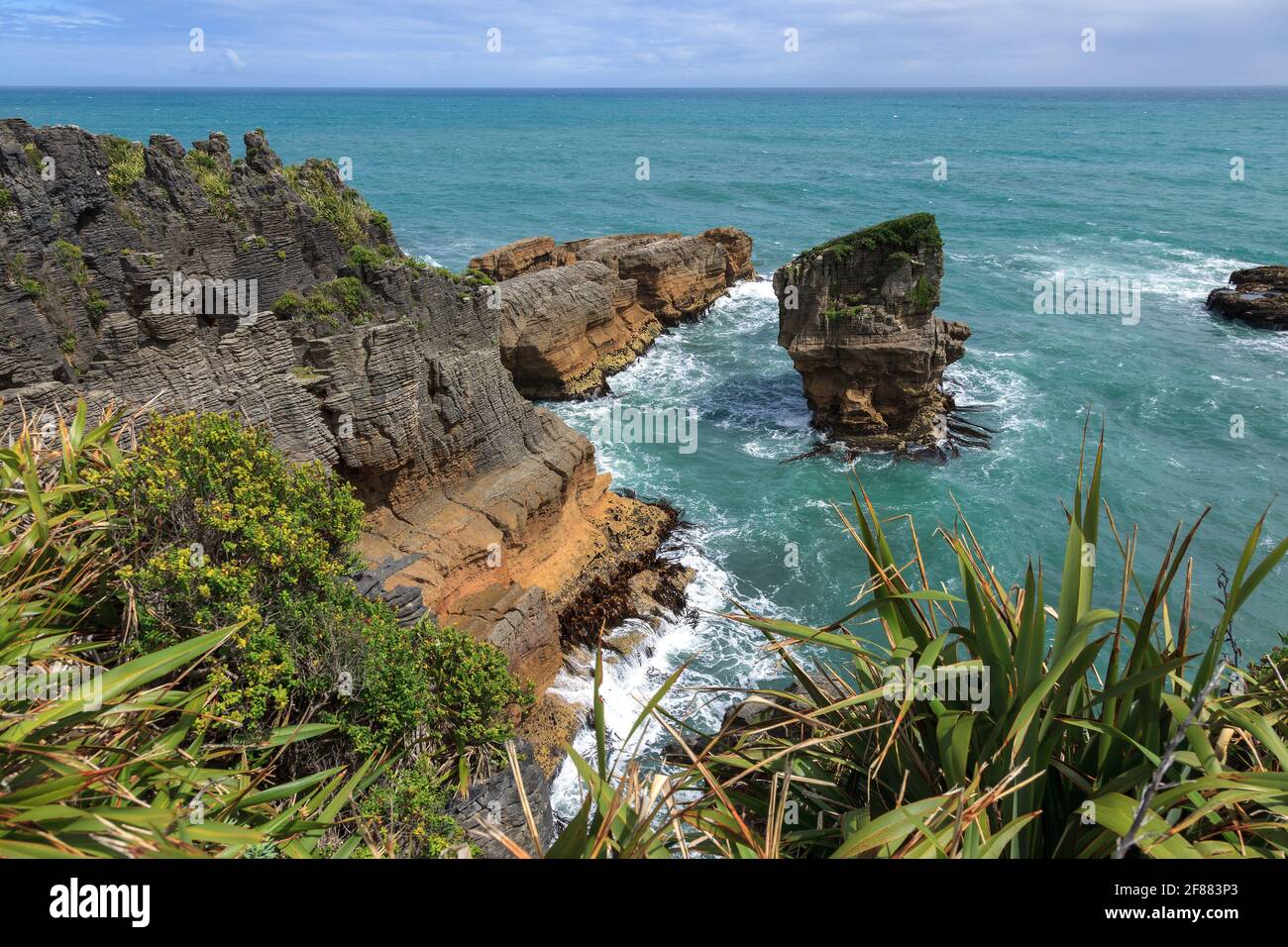 Pancake rocce vicino Punakaiki in Nuova Zelanda Foto Stock