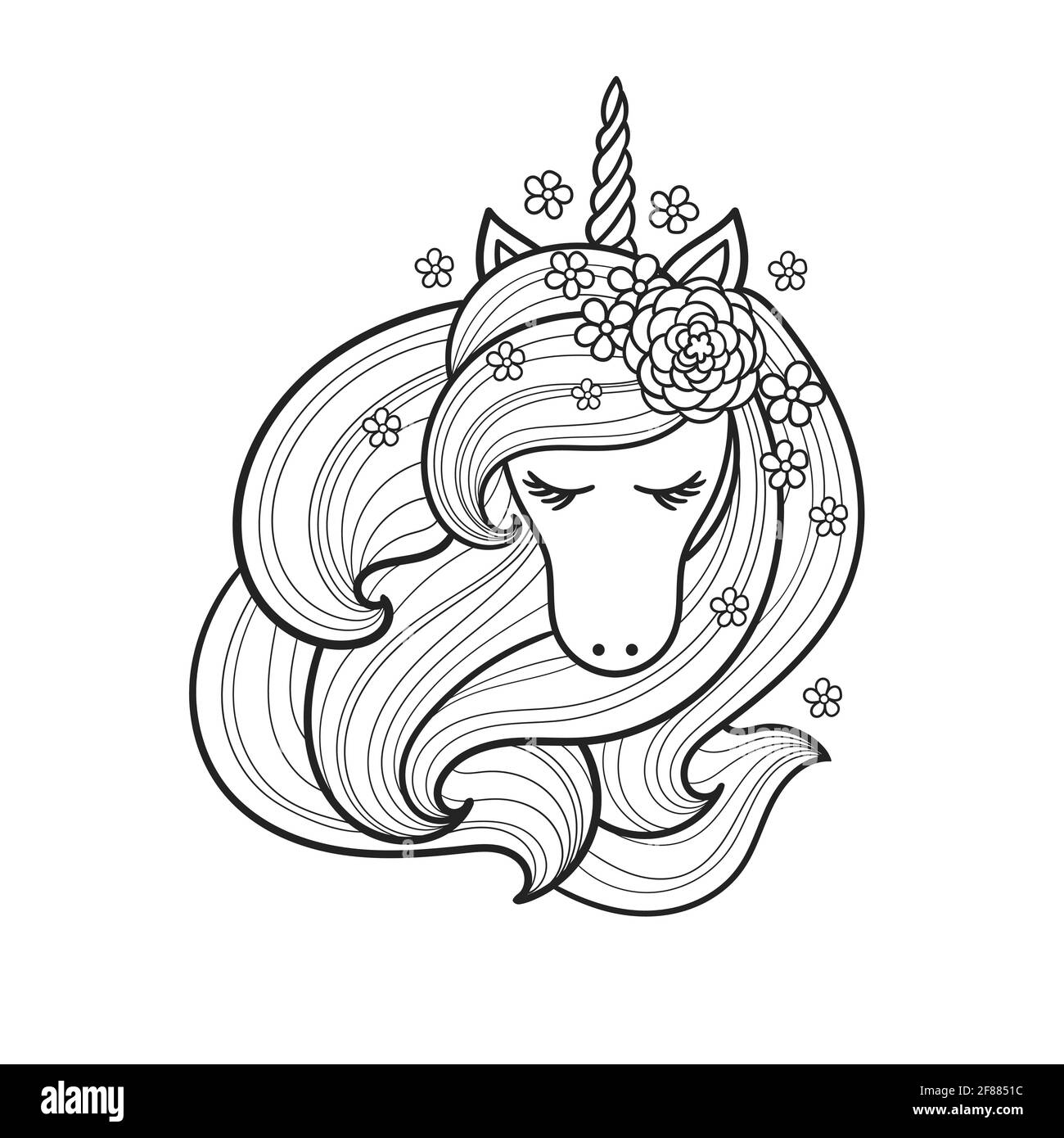La testa di un unicorno con una lunga mane. Disegno lineare in bianco e nero. Vettore Illustrazione Vettoriale