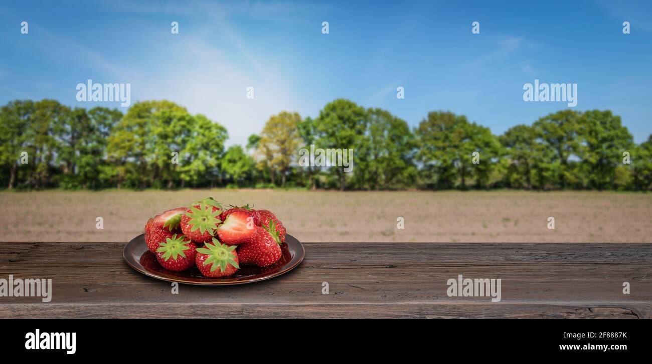 Piatto di fragole su tavolo esterno di fronte alla natura offuscata. Foto Stock