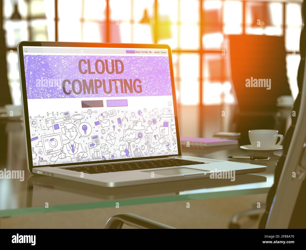 Concetto di cloud computing Chioseup sulla landing page dello schermo del notebook in Modern Office Workplace. Immagine tonata con messa a fuoco selettiva. Rendering 3D. Foto Stock