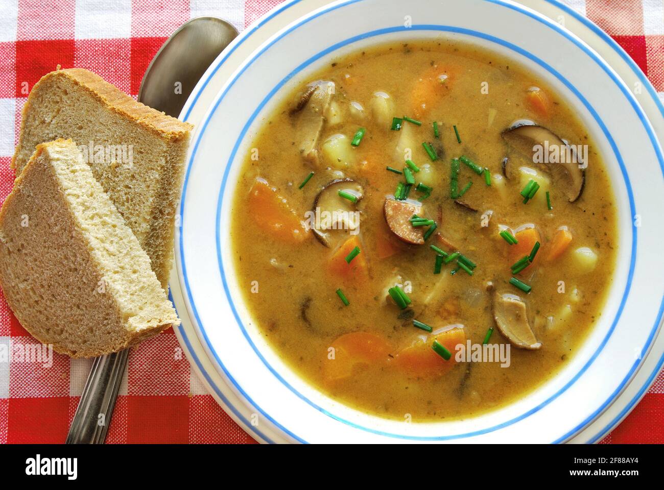 Primo piano di zuppa di patate con funghi sul piatto, con pane, tradizionale zuppa cremosa di verdure ceche Foto Stock