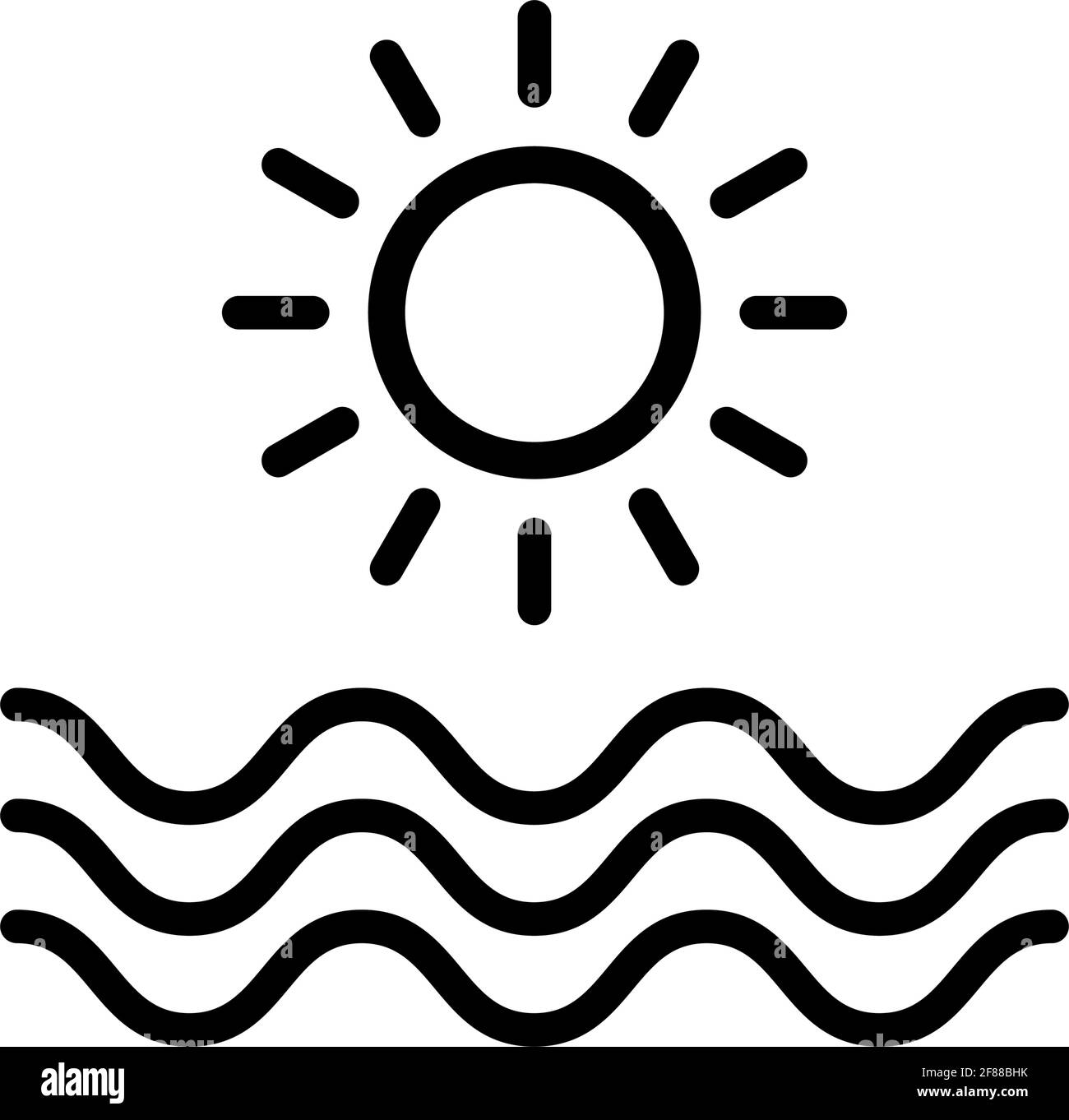 Contorno oceano icona vettore, estate spiaggia segno con linea o forma, sole simbolo Illustrazione Vettoriale