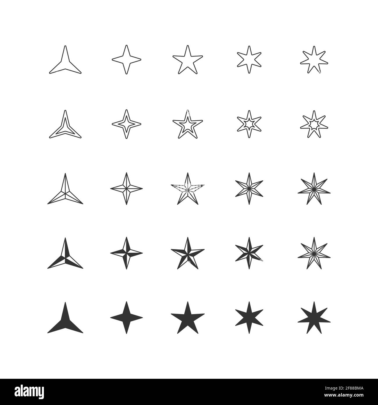 Insieme di icone di segni a forma di stella, isolate in bianco sfondo Illustrazione Vettoriale
