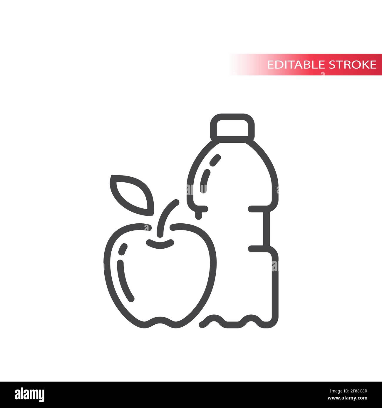 Apple e un'icona vettoriale della linea del flacone d'acqua. Mangiare sano contorno simbolo, tratto modificabile. Illustrazione Vettoriale