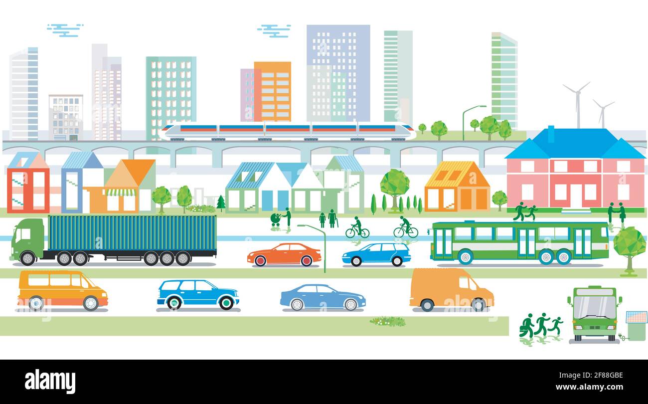 Silhouette della città con traffico e persone, comunità, mappa della città Illustrazione Vettoriale