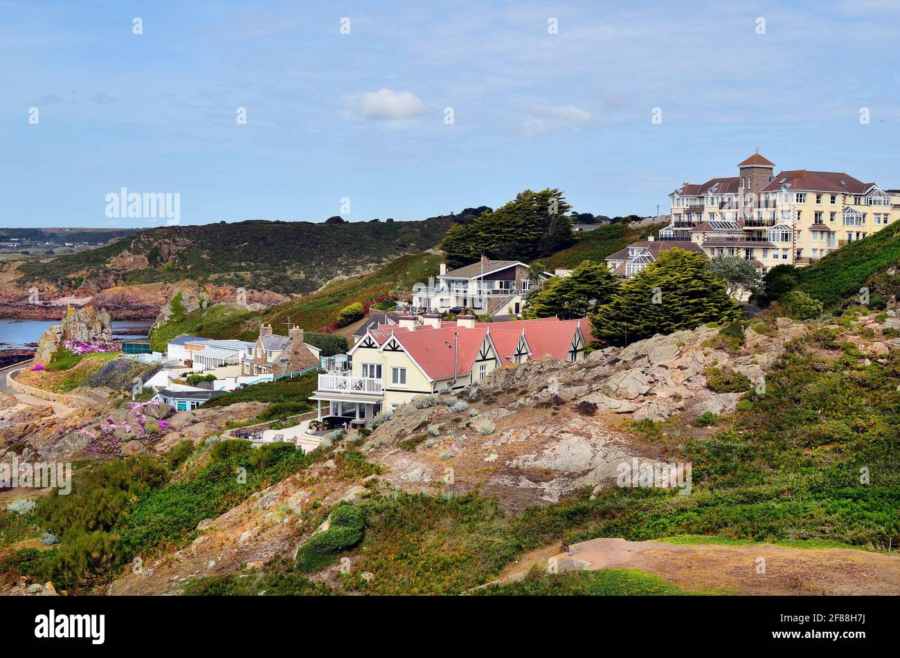 Gran Bretagna, Jersey Island, costa e case a St. Brelade Foto Stock