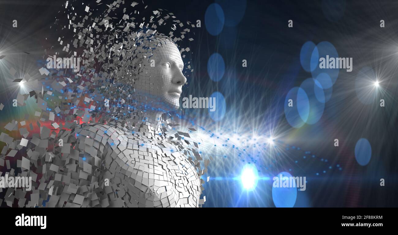 L'uomo generato dal computer si dissolve in pezzi su sfondo blu Foto Stock